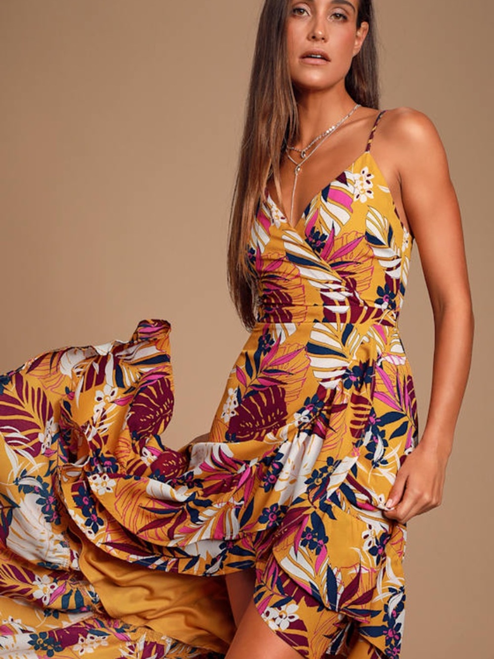 Lulus Vacation Days Golden Yellow Tropical Print High-low Dress (price - Size M